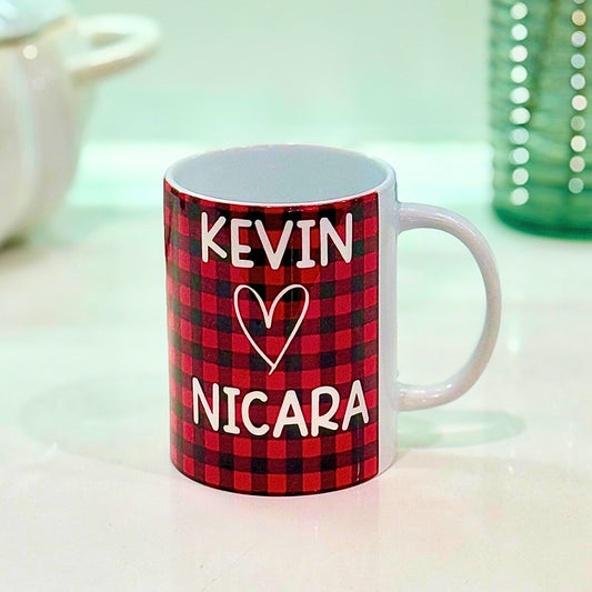 Custom Buffalo Plaid Love Mug – Personalized with Your Names