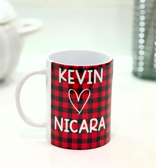 Custom Buffalo Plaid Love Mug – Personalized with Your Names